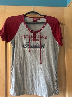 Indian Motorcycle Women’s Short Sleeve Lace-Up Tee in Red and Gray